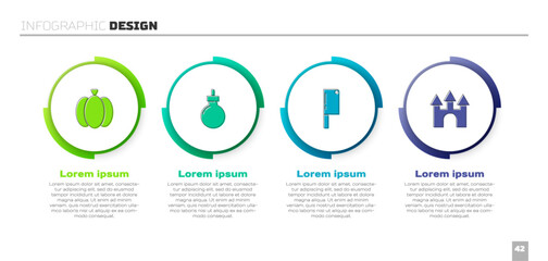 Set Pumpkin, Bomb ready to explode, Meat chopper and Castle. Business infographic template. Vector