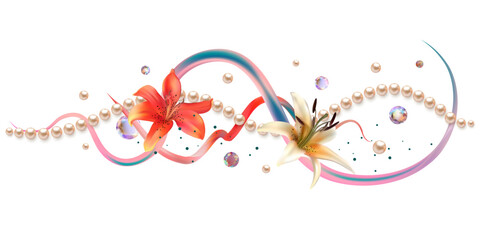 Fototapeta na wymiar Flowers. Floral background. Pearl. Lilies. Vector. Abstract curves. 3D. Artistic illustration of flowers and pearls.