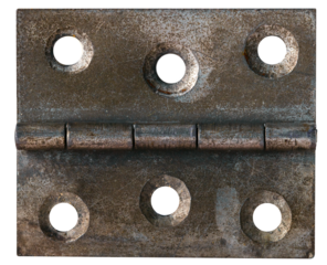 Old rusty hinge used in the household. Isolated background.