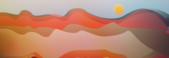 illustrazione poster di panorama astratto con dune colline onde e sole, decorazione da parete arte contemporanea