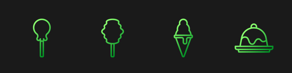 Set line Ice cream in waffle cone, Lollipop, Cotton candy and Cake. Gradient color icons. Vector
