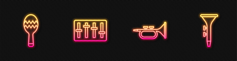 Set line Trumpet, Maracas, Sound mixer controller and Drum and drum sticks. Glowing neon icon. Vector © Vadim