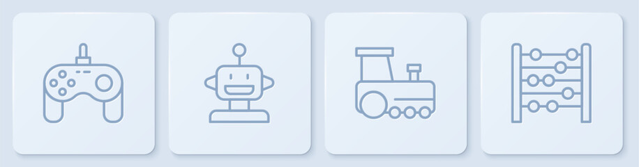 Set line Gamepad, Toy train, Robot toy and Abacus. White square button. Vector