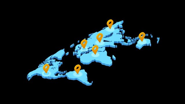 3d isometric world map with pointers. Alpha channel.