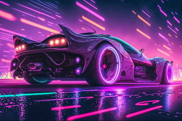 A purple and pink car with neon lights cyberpunk style background generative ai