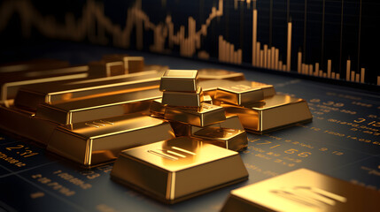 Naklejka na ściany i meble Gold bar resting on a stocks and shares graph representing investment.