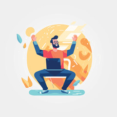man celebrating with notebook on lap, vector illustration