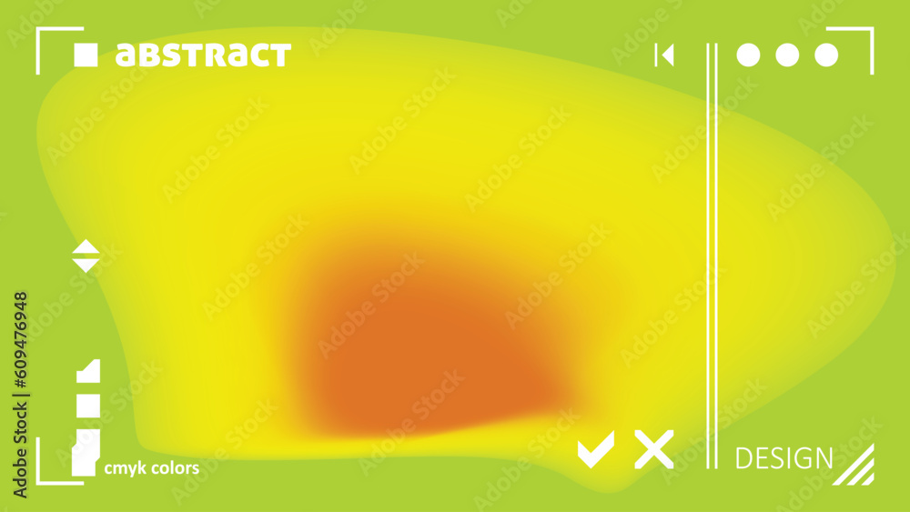 Poster abstract tech design with blurry reddish orange spot on greenish yellow background