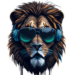 lion wearing sunglasses and headphones v1 - obrazy, fototapety, plakaty