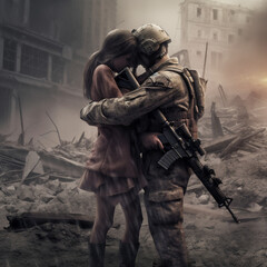 Woman and soldier man hugging in the middle of a war. Generative AI.