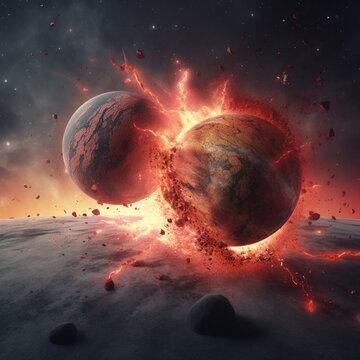 Collision between two planets. Generative AI.