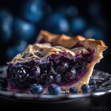 Luxurious Homemade Blueberry Pie Slice closeup with blue background. AI Generated