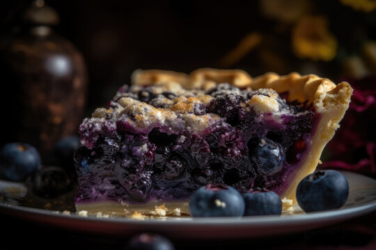 Luxurious Homemade Blueberry Pie Slice closeup with blurred background. AI Generated