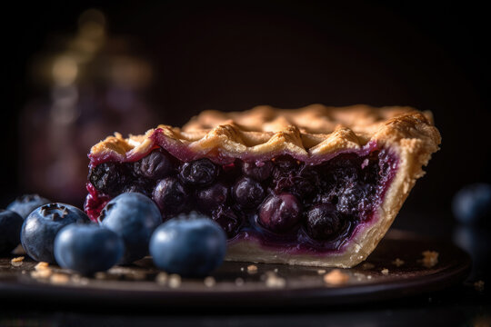 Mouthwatering Homemade Blueberry Pie Slice closeup with blurred background. AI Generated
