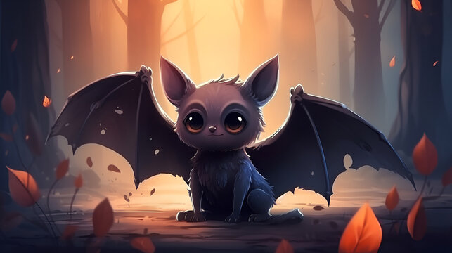 Cute cartoon bat in the magic forest with leaves fall