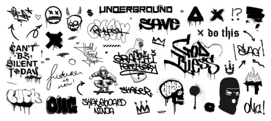 Deurstickers Urban culture art, graffiti, tags, lettering, gothic calligraphy. Isolated street art graphic box with spray effect, spatter and dripping paint. 3D graffiti, Hiphop urban style for streetwear. Vector © SergeyBitos