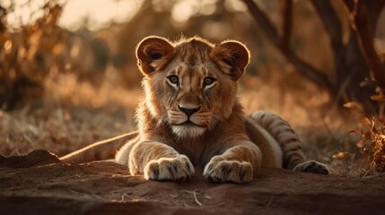 Naklejka premium Cute young lion on savanna