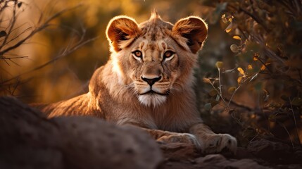 Fototapeta na wymiar Cute young lion on savanna