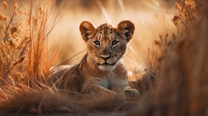 Obraz premium Cute young lion on savanna