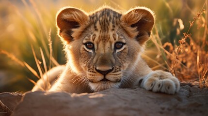 Obraz na płótnie Canvas Cute young lion on savanna