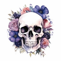 Gothic Floral Reverie: Watercolor Style Floral Skull on a White Background, Generative AI