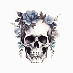Gothic Floral Reverie: Watercolor Style Floral Skull on a White Background, Generative AI