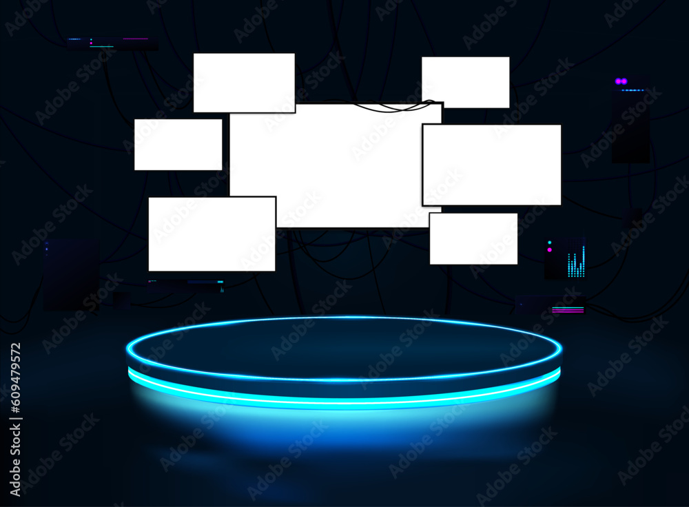 Poster futuristic, dark 3d cyberpunk studio with neon round platform, monitors and screens. hacker room in 