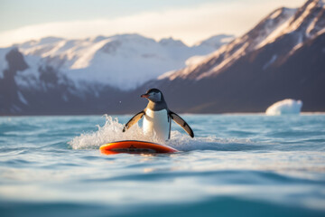 Penguin surfing the surfboard with Antarctica glacier in the background. AI generative