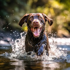 Playful Labrador Retriever Splashing in a Shallow Creek