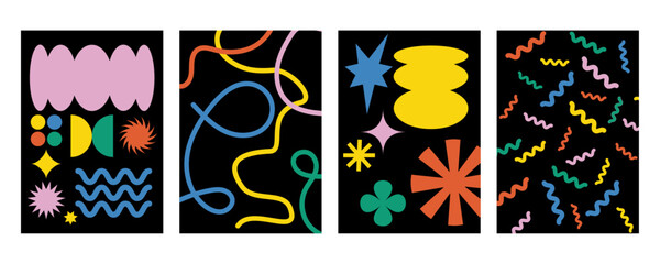 Fototapeta premium Abstract geometric posters set in trendy retro brutalist style. Swiss design aesthetic. Naive playful shapes backgrounds. Brutal contemporary figure star, circle, oval, wave patterns. 