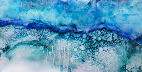 Teal turquoise blue cyan marble, dripping alcohol ink painting. Original artwork.