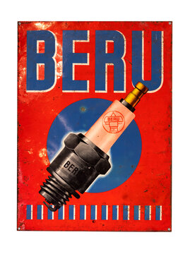 Antique tin plate advert from Beru spark plugs, PNG. Antikes Blech-Werbeschild von Beru Zündkerzen