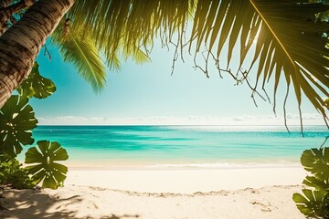 Hello, tropical beach holiday idea for the summer. Generative AI - obrazy, fototapety, plakaty