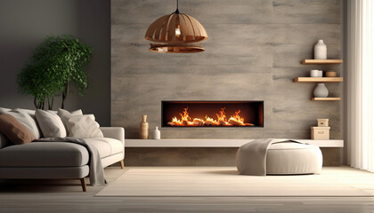 Living room in a cold tone with a lit modern fireplace, minimalist environment, modern design, linear architecture. Generative IA