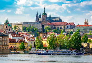 Prague cityscape with Prague castle and Vltava river, Czech Republic