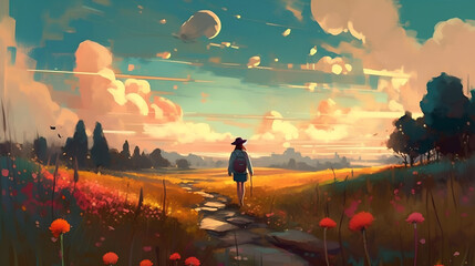Naklejka na ściany i meble A woman dressed with a hat, skirt and backpack, carries a walking stick as she follows a dirt path through the golden fields, Generative AI