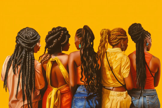 A group of women of color from the back with diverse hair styles like corn rows, dread locks and weaves wearing bright clothes on a yellow background created using AI generative technology