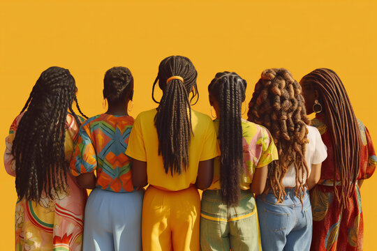 A group of women of color from the back with diverse hair styles like corn rows, dread locks and weaves wearing bright clothes on a yellow background created using AI generative technology