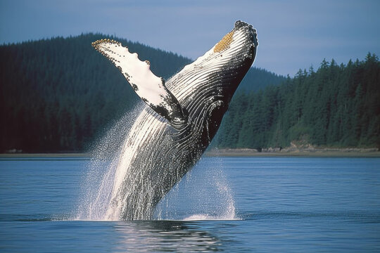 Humpback Whale jumping in a nothern bay. AI generative