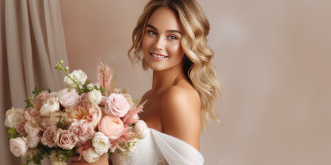 Naklejka premium Beautiful smiling young bride in white wedding dress holding a blooming wedding bouquet isolated on a pastel flat background with copy space. Generative AI professional photo imitation.