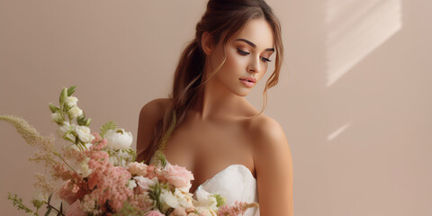 Beautiful young bride in white classic wedding dress holding a blooming wedding bouquet isolated on a pastel flat background with copy space. Generative AI professional photo imitation.