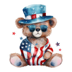 Watercolor happy cute patriotic bear with American flag print, (Fourth) 4th of july Independence Day USA, isolated. Generative AI