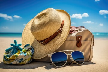 idea of a summer vacation. Accessories - bag, straw hat, sunglasses with palm tree reflection, pareo, flip-flops on sandy beach against ocean, blue sky, clouds and bright sun. Lovely, Generative AI