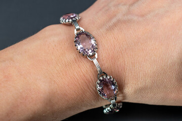 Beautiful old pink crystal bracelet, unique vintage jewelry background, rhinestone jewelry concept, promotional photo for an online jewellery store