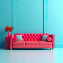 Red accent couch, blue wall