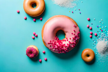 a vibrant display of donuts generously coated with colorful sprinkles, creating a playful and whimsical scene on a light blue background