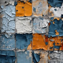 old squared tiled wall with blue and orange colour elements