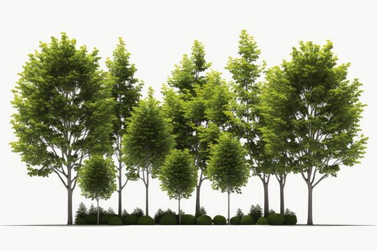 Isolated green trees on a white background. Summer woodland and vegetation. A row of trees and shrubs. Generative AI