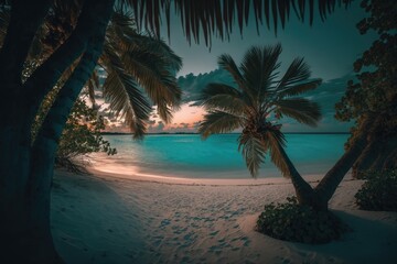 Fototapeta na wymiar The beach at dusk. Background or wallpaper of an idyllic tropical beach environment. Summer vacation holiday idea design. Generative AI
