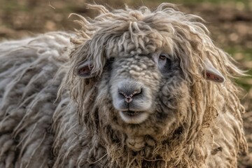 Fototapeta premium Sheep on a field in a portrait. A close-up of a woolly sheep awaiting the summer shearing. Sheep that need a haircut. wacky animal appearance. Generative AI